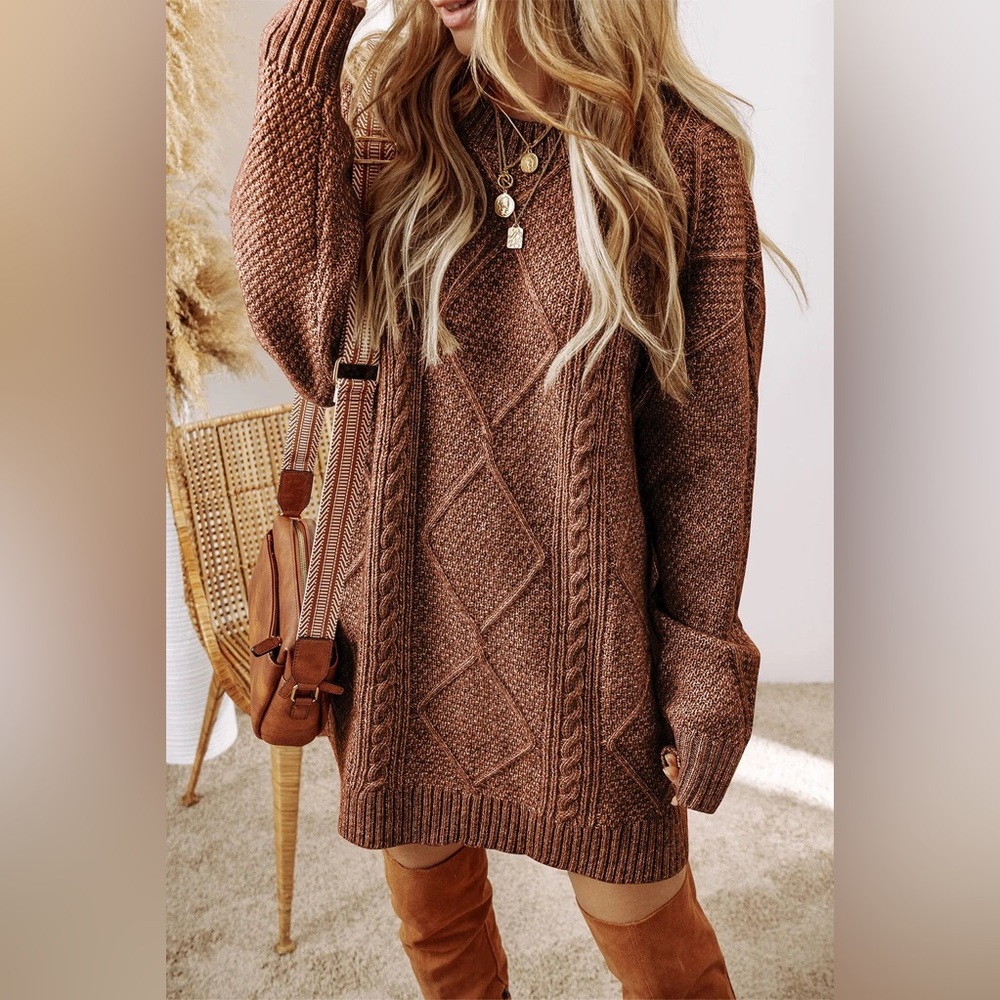 Free People Chocolate Brown Chunky Mixed Cable Knit Oversized Tunic Sweater